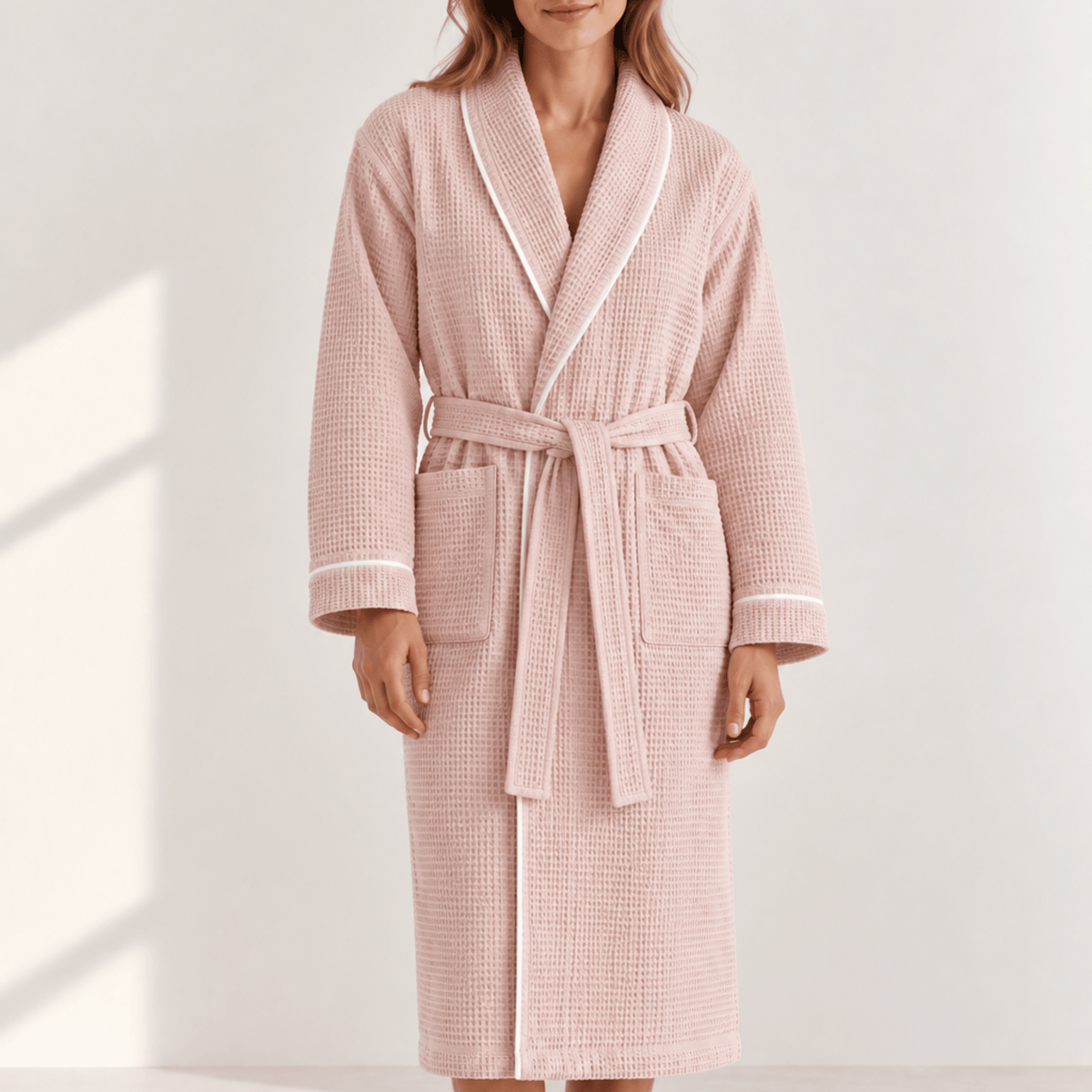 A woman wearing a light pink waffle-weave bathrobe with white piping and a matching tie belt, standing against a bright off-white wall with soft window shadows.