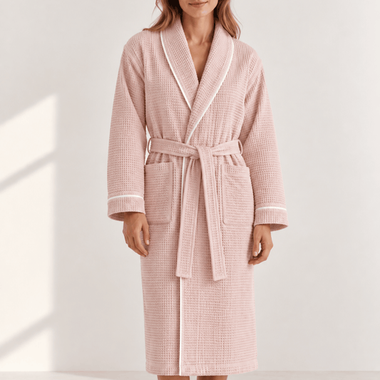 A woman wearing a light pink waffle-weave bathrobe with white piping and a matching tie belt, standing against a bright off-white wall with soft window shadows.