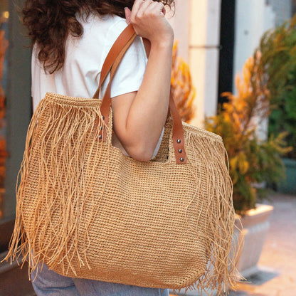 Large Fringed Straw Beach Bag, Straw 