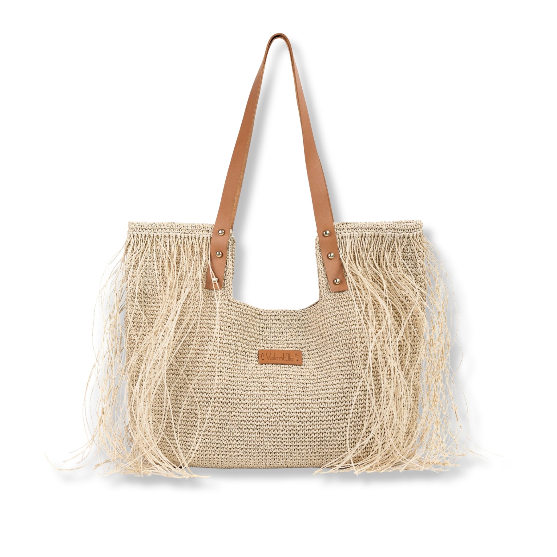 Large Fringed Straw Beach Bag, Straw 