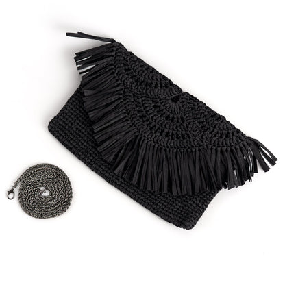 Straw Summer Clutch Bag, Black Straw