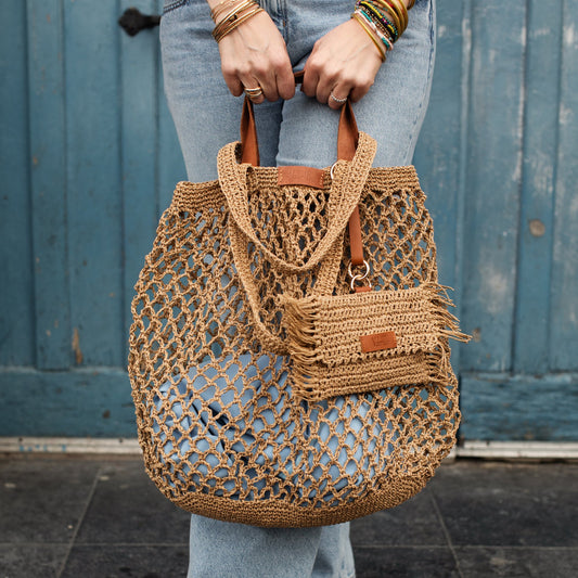 Straw Mesh Beach Bag, Beige