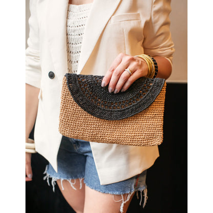 Straw Summer Clutch Bag, Black Straw