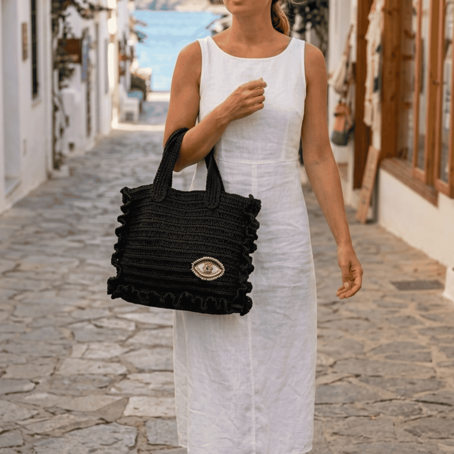 Raffia Tote Bag with Beaded Evil Eye Motif