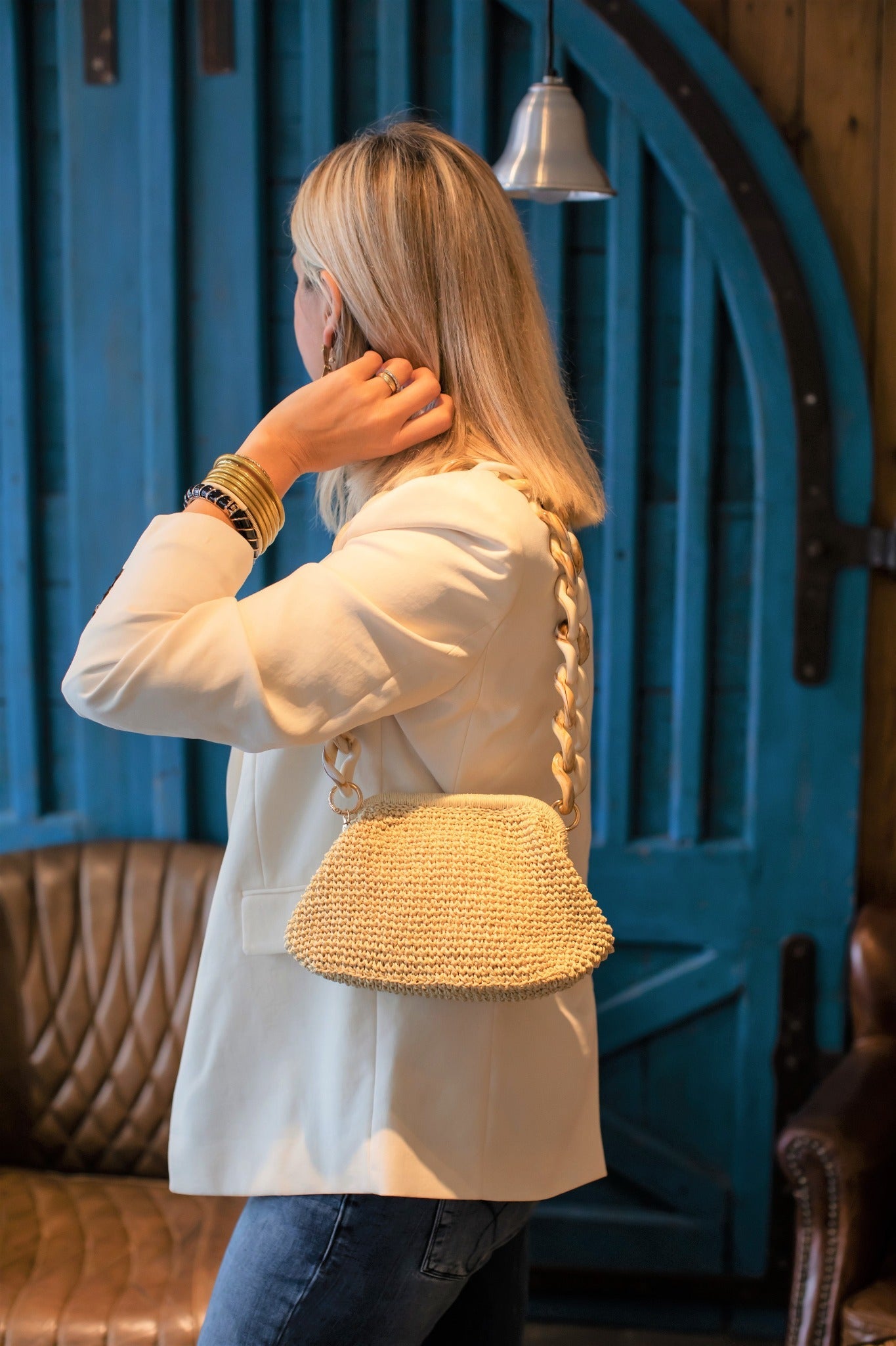 Straw Pouch Bag, Beige